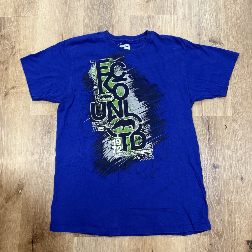 Ecko Unltd Shirt Mens Large Blue Rhino Logo Graffiti Graphic Streetwear